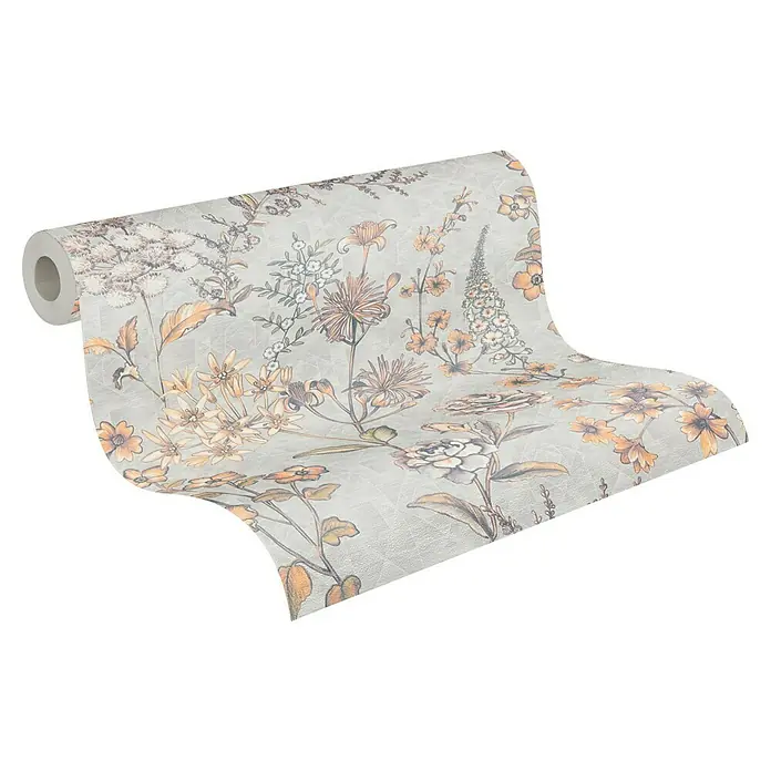 A.S. Création Metropolitan Stories Travel Styles Vliestapete Blumen II - Creme/Blau, Floral, 10,05 x 0,53 m - Eine Rolle graue Tapete mit einem zarten Blumenmuster in verschiedenen Gelb- und Orangetönen, die eine elegante und natürliche Atmosphäre schafft.