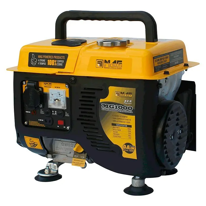 MGA Generador MG1000 - 0,7 kW, Volumen del depósito: 4 l - Generador de energía MAG MG1000 amarillo y negro para uso móvil, con una potencia máxima de 800W y una potencia nominal de 700W.