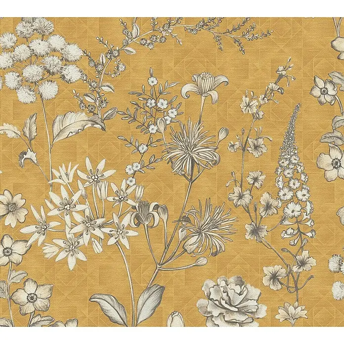 A.S. Création Metropolitan Stories Travel Styles Vliestapete Blumen II - Gelb, Floral, 10,05 x 0,53 m - Elegantes gelbes florales Tapetenmuster mit filigranen, gezeichneten Blumen und Blättern, die eine stilvolle und natürliche Atmosphäre schaffen.