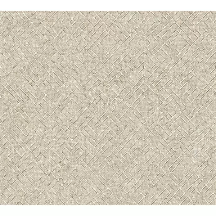 A.S. Création Metropolitan Stories Travel Styles Vliestapete Allover I - Beige/Silber, Grafisch, 10,05 x 0,53 m - Helles beiges strukturiertes Material mit geometrischem Verbundmuster.