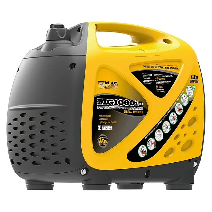 MGA Generador MG1000I - 0,9 kW, Volumen del depósito: 2,8 l - Aquí hay un generador de energía inversor digital MG1000iI compacto amarillo-gris con una práctica asa de transporte.