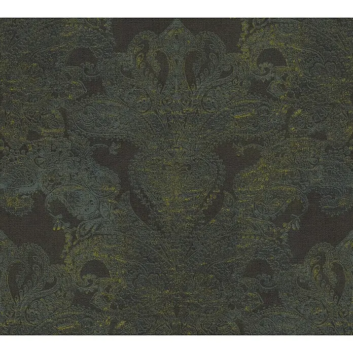 A.S. Création Metropolitan Stories Travel Styles Vliestapete Damask - Schwarz, Ornament, 10,05 x 0,53 m - Detailansicht einer dunklen Tapete mit einem subtilen Paisley-Muster und goldenen Akzenten, die eine elegante Textur und Tiefe bietet.