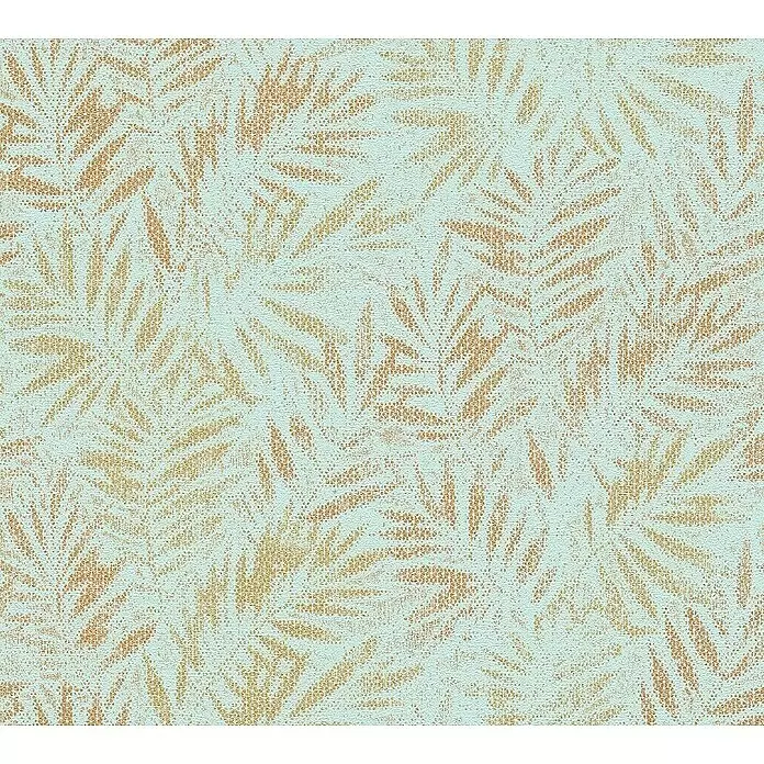 A.S. Création Metropolitan Stories Travel Styles Vliestapete Blätter-Allover I - Türkis, Floral, 10,05 x 0,53 m - Strukturmuster aus hellbraunen Blättern auf hellblauem Hintergrund.