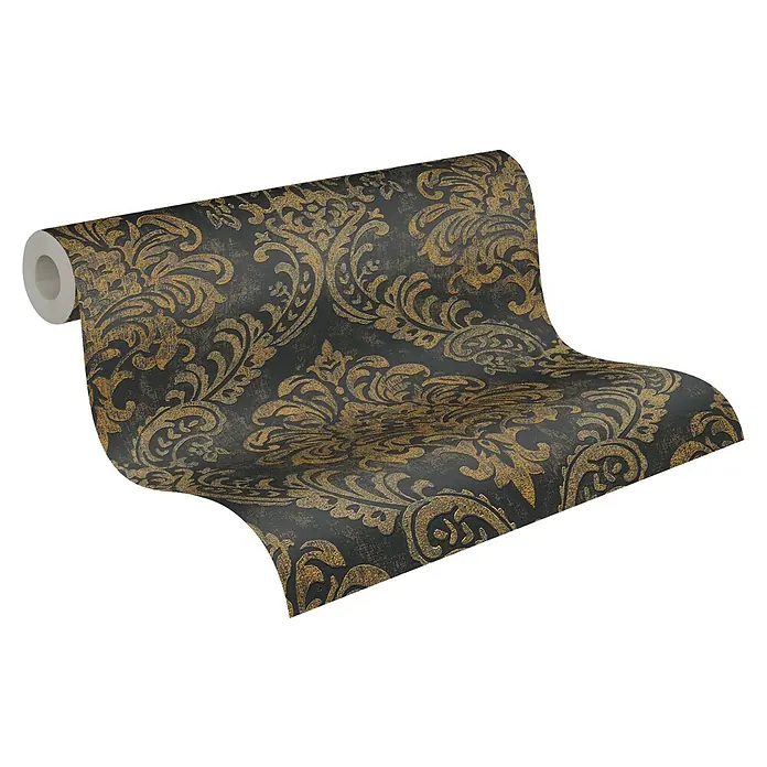 A.S. Création Metropolitan Stories Travel Styles Vliestapete Damask - Schwarz/Gold, Ornament, 10,05 x 0,53 m - Eine Rolle dekorativer Tapete mit einem verzierten, goldenen Muster auf dunklem Grund.