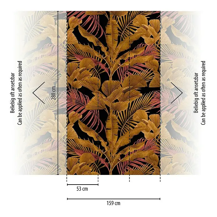 A.S. Création Metropolitan Stories Travel Styles Fototapete Palmen - B x H: 1,59 x 2,8 m, Vlies, Schwarz/Gold - Das Bild zeigt eine exotische Dschungel-Tapete mit bunten Blättern und Pflanzen. Die Farben sind lebendig und verleihen jedem Raum einen Hauch von Natur.