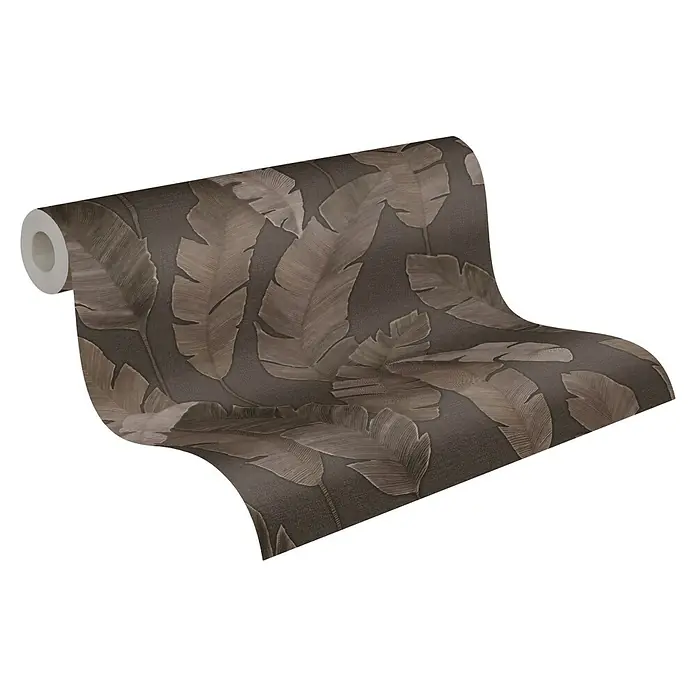 A.S. Création Metropolitan Stories Travel Styles Vliestapete - Braun, Floral, 10,05 x 0,53 m - Eine Rolle Tapete mit einem eleganten Blattmuster in dunklen Erdtönen, ideal für eine stilvolle Wandgestaltung im Wohnbereich.