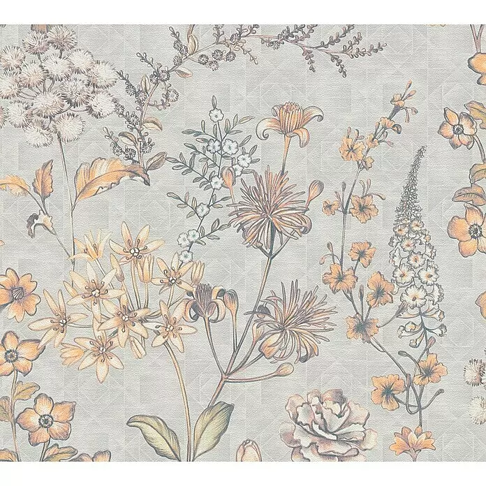 A.S. Création Metropolitan Stories Travel Styles Vliestapete Blumen II - Creme/Blau, Floral, 10,05 x 0,53 m - Florale Tapete mit fein gezeichneten Blumen in Hellbraun, Beige und Gelbtönen.