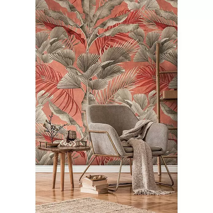 A.S. Création Metropolitan Stories Travel Styles Fototapete Palmen - B x H: 1,59 x 2,8 m, Vlies, Rot/Beige - Lebendige Korallen-Tapete mit tropischem Blattmuster in Grau und Rot, die ein schickes Wohnambiente betont.