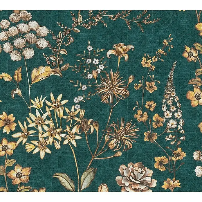 A.S. Création Metropolitan Stories Travel Styles Vliestapete Blumen IIBlau/Gelb, Floral, 10,05 x 0,53 m - Ein elegantes florales Muster auf dunkelgrünem Grund mit zarten goldenen Akzenten. Perfekt für Wandgestaltung und dekorative Zwecke.