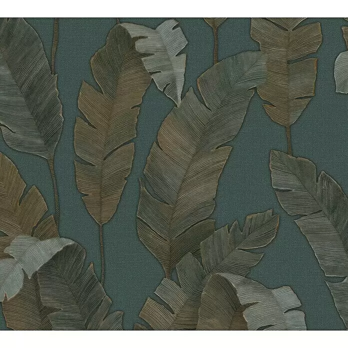 A.S. Création Metropolitan Stories Travel Styles Vliestapete - Blau/Gold, Floral, 10,05 x 0,53 m - Dunkelgraue Tapete mit großem, texturiertem Bananenblattmuster in Grau- und Brauntönen.