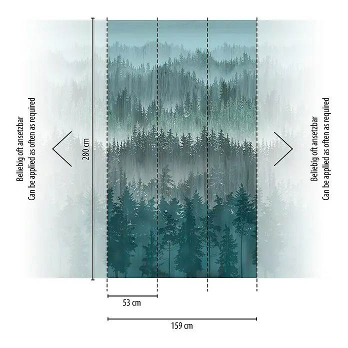 A.S. Création Metropolitan Stories Travel Styles Fototapete Wald - B x H: 1,59 x 2,8 m, Vlies, Blau - Produktdetails eines Wald-Fotowandbildes mit den Maßen 280 cm Höhe und 159 cm Breite, unterteilt in 53 cm breite Bahnen.