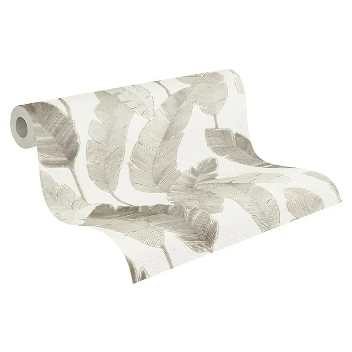 A.S. Création Metropolitan Stories Travel Styles Vliestapete - Creme/Beige, Floral, 10,05 x 0,53 m - Eine Rolle stilvoller Vliestapete mit einem eleganten, dezenten Blattmuster in sanften Farbtönen für eine moderne Wandgestaltung.