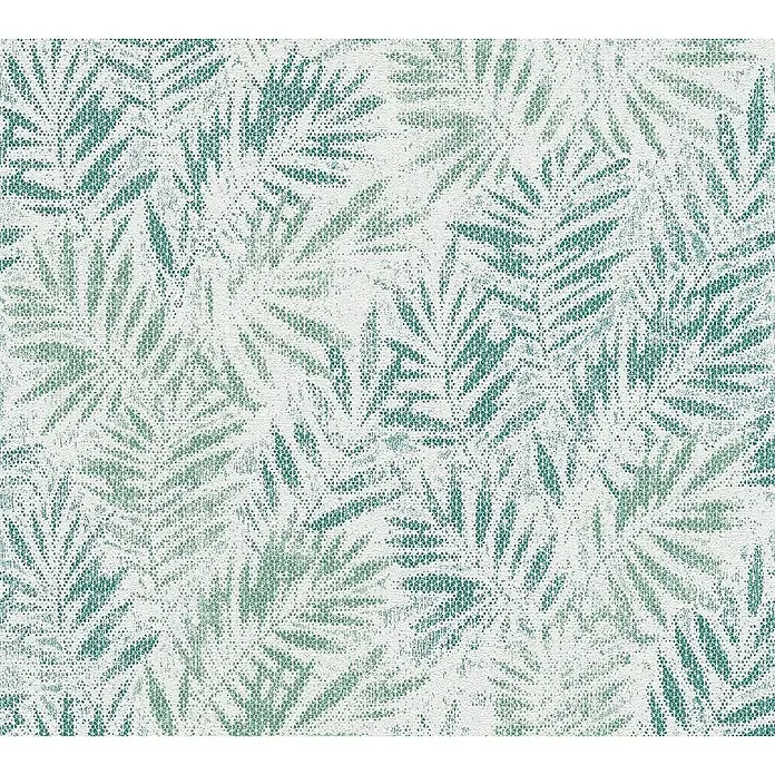 A.S. Création Metropolitan Stories Travel Styles Vliestapete Blätter-Allover IGrün, Floral, 10,05 x 0,53 m - Dekoratives Textilmuster mit blassgrünen Palmblatt-Motiven auf hellem Hintergrund für stilvolle Akzente.