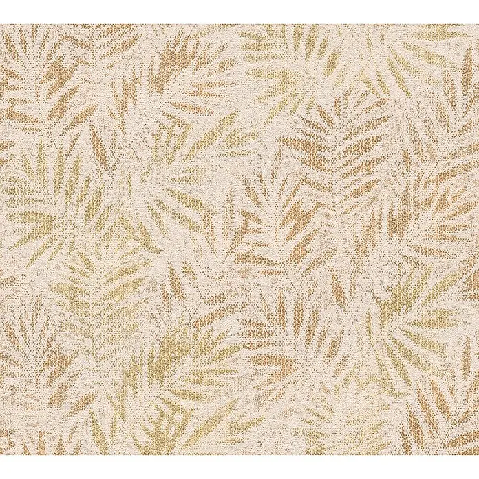 A.S. Création Metropolitan Stories Travel Styles Vliestapete Blätter-Allover I - Rosè/Gold, Floral, 10,05 x 0,53 m - Fein gemusterter Stoff mit zarten Blattmotiven in Gold- und Beigetönen. Die filigrane Webart verleiht dem Stoff eine elegante Textur.