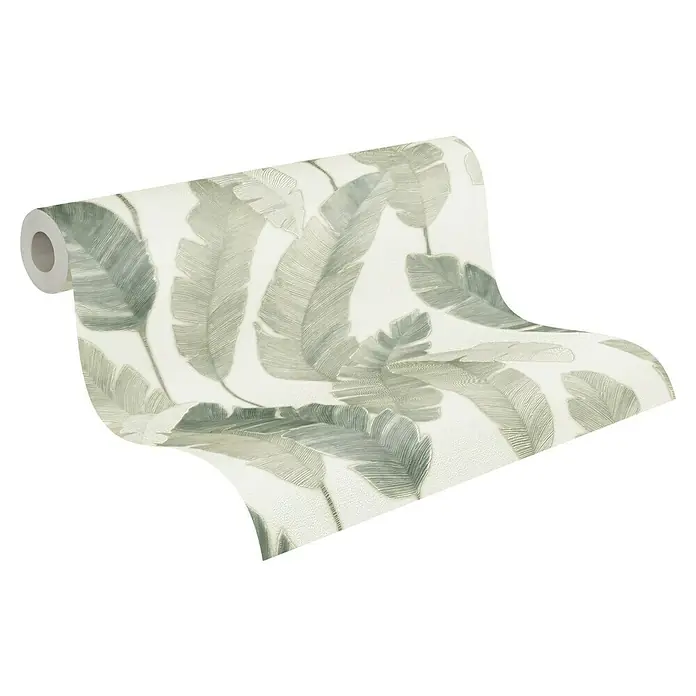 A.S. Création Metropolitan Stories Travel Styles Vliestapete - Creme/Grün, Floral, 10,05 x 0,53 m - Eine Rolle stilvolle Blättertapete mit einem eleganten Bananenblattmuster in sanften Grüntönen, ideal für moderne Innenräume.