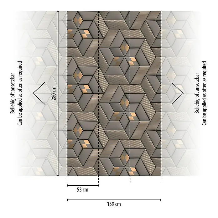 A.S. Création Metropolitan Stories Travel Styles Fototapete Sechseck - B x H: 1,59 x 2,8 m, Vlies, Braun/Beige - Abbildung einer 3D-Wandpaneele mit geometrischem Muster in Grau- und Goldtönen, inklusive Maßangaben zur Anbringung.