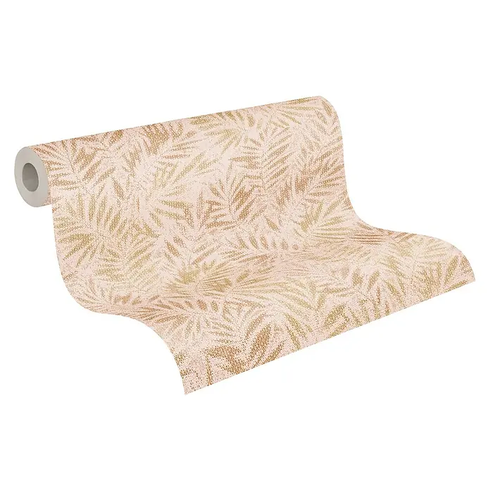 A.S. Création Metropolitan Stories Travel Styles Vliestapete Blätter-Allover I - Rosè/Gold, Floral, 10,05 x 0,53 m - Eine Rolle goldfarbene Tapete mit Blättermuster, die sich auf einem schwarzen Hintergrund abrollt.