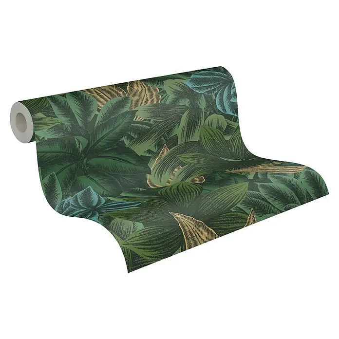 A.S. Création Metropolitan Stories Travel Styles Vliestapete - Grün/Gelb, Floral, 10,05 x 0,53 m - Eine Rolle üppiger grüner Dschungeltapete mit großen tropischen Blättern für eine exotische und natürliche Wandgestaltung.