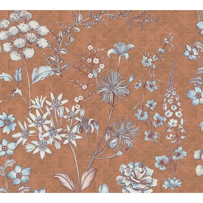 A.S. Création Metropolitan Stories Travel Styles Vliestapete Blumen II - Orange, Floral, 10,05 x 0,53 m - Elegantes florales Tapetenmuster in Terrakotta mit zarten blauen und weißen Blumen, das eine ruhige und stilvolle Atmosphäre schafft.