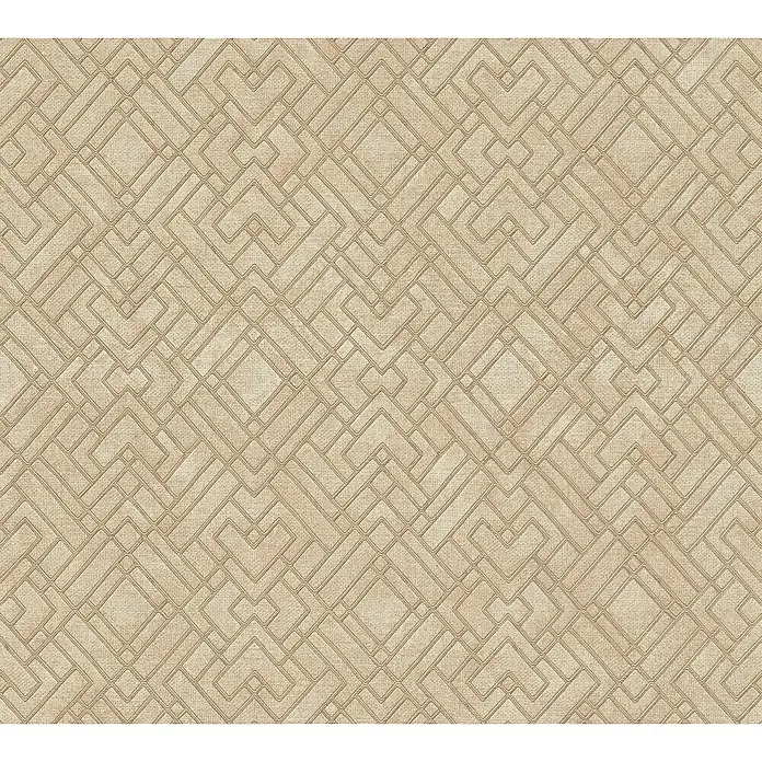 A.S. Création Metropolitan Stories Travel Styles Vliestapete Allover I - Beige/Gold, Grafisch, 10,05 x 0,53 m - Detailaufnahme eines beigen Tapetenmusters mit geometrischen Formen und Textur, die eine stilvolle und dezente Wanddekoration bietet.