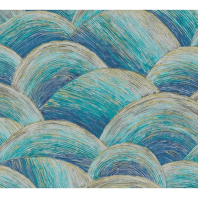 A.S. Création Metropolitan Stories Travel Styles VliestapeteTürkis/Blau, Wellen, 10,05 x 0,53 m - Abstrakte Kunst mit blauen und türkisfarbenen Halbkreisen, akzentuiert durch goldene Linien, die dem Design einen luxuriösen Touch verleihen.