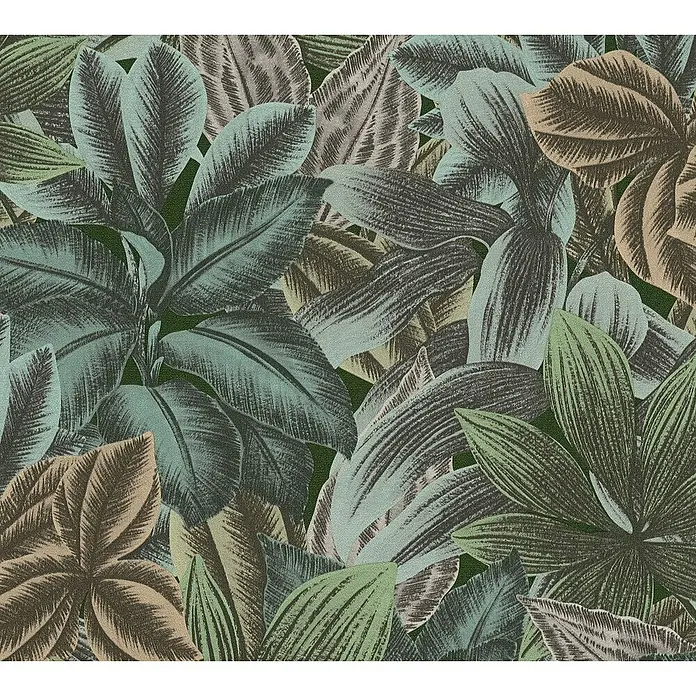 A.S. Création Metropolitan Stories Travel Styles Vliestapete - Grün/Beige, Floral, 10,05 x 0,53 m - Detailansicht eines stilvollen Tapetenmusters mit großen Blättern in verschiedenen Grün- und Brauntönen, ideal für eine natürliche Wandgestaltung.