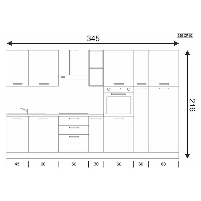 Marinelli Cucine Vormontierte Küchenzeile Cassiopea - Breite: 345 cm, Hellgrau, Mit Elektrogeräten - Abbildung einer Küchenzeile mit den Gesamtmaßen 345 x 216 cm, mit verschiedenen Schränken und Schubladen.