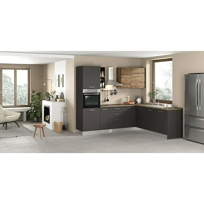 Marinelli Cucine Vormontierte Winkelküche Vega - B x T: 250 x 225 cm, Anthrazit/Nuss, Mit Elektrogeräten, Spüle rechts - Diese Küche präsentiert eine moderne Küchenzeile in Grau- und Holztönen mit Elektrogeräten und viel Stauraum.
