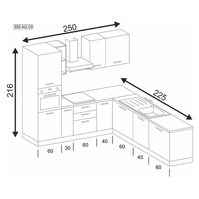 Marinelli Cucine Vormontierte Winkelküche Cassiopea - B x T: 250 x 225 cm, Hellgrau, Mit Elektrogeräten, Spüle rechts - Eine perspektivische Zeichnung einer Küchenzeile mit den Maßen 216, 250 und 225, die eine detaillierte Darstellung der Küchenanordnung bietet.