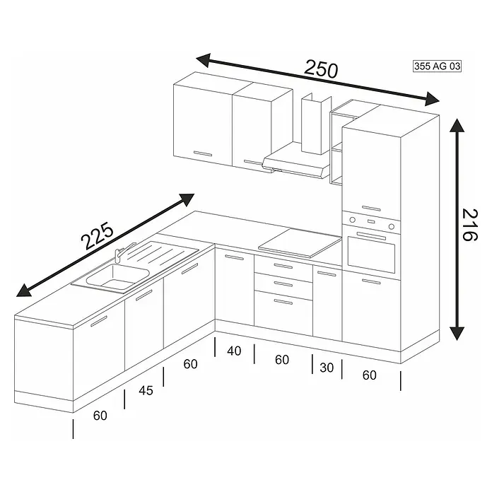 Marinelli Cucine Vormontierte Winkelküche Gemma - B x T: 250 x 225 cm, Weiß, Mit Elektrogeräten, Spüle links - Küchenskizze mit Maßen. Die Küchenmöbel sind detailliert gezeichnet und mit Maßangaben versehen.