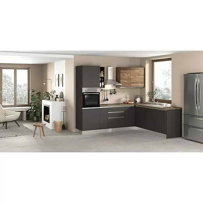 Marinelli Cucine Vormontierte Winkelküche Ametista - B x T: 250 x 225 cm, Anthrazit/Nuss, Mit Elektrogeräten, Spüle rechts - Moderne L-förmige Küche mit dunkelgrauen Schränken, oberen Holzschränken und Edelstahlgeräten in einem offenen Wohnbereich.