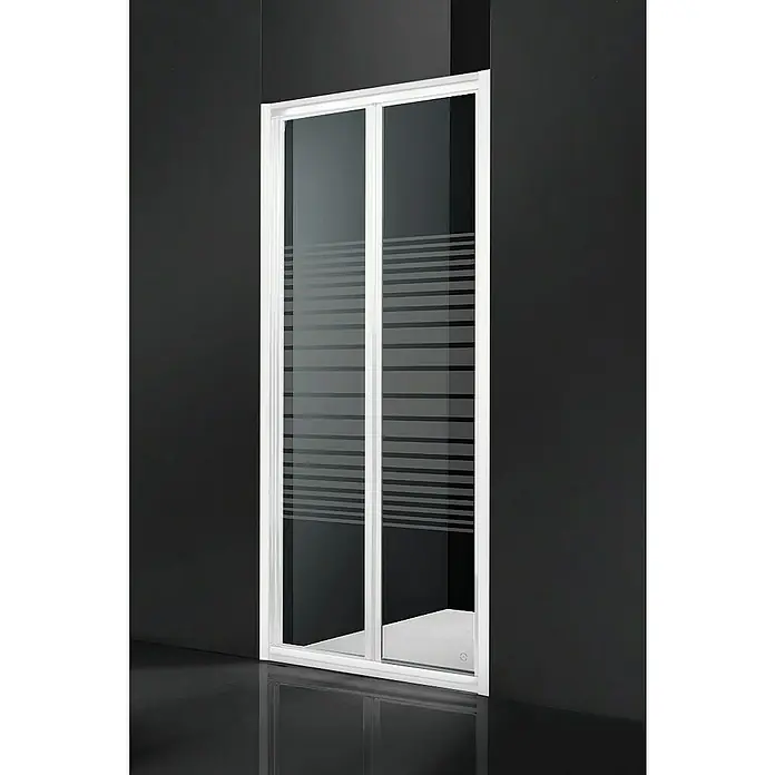 Mampara de ducha frontal Namdrik - An x Al: 90 x 195 cm, Vidrio serigrafiado, Blanco - Elegante cabina de ducha con marcos blancos y rayas horizontales para un diseño de baño moderno. Solución de ducha práctica y elegante.