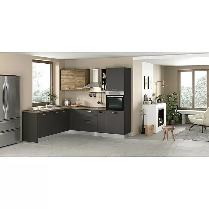 Marinelli Cucine Vormontierte Winkelküche Vega - B x T: 250 x 225 cm, Anthrazit/Nuss, Mit Elektrogeräten, Spüle links - Stimmungsaufnahme