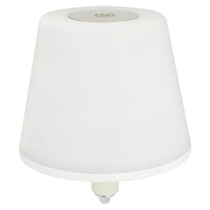 REV LED-Flaschenleuchte mit Akku Lamprusco - 2 W, Warmweiß, Ø x H: 11,5 x 13,8 cm, Weiß, Akkubetrieben - Nahaufnahme einer modernen, weißen Tischleuchte mit einem runden Knopf oben und einem kleinen Sockel unten.