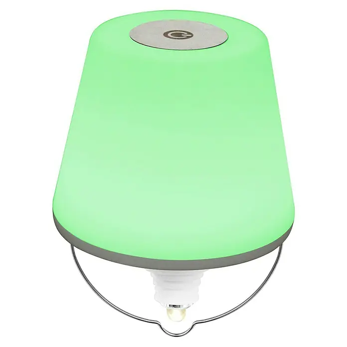 REV LED-Flaschenleuchte mit Akku Lamprusco - 2 W, RGBW, Ø x H: 11,5 x 13,8 cm, Weiß, Akkubetrieben - Eine grüne tragbare LED-Lampe mit silbernen Akzenten, ideal für den Innen- und Außenbereich, die eine stimmungsvolle Beleuchtung bietet.