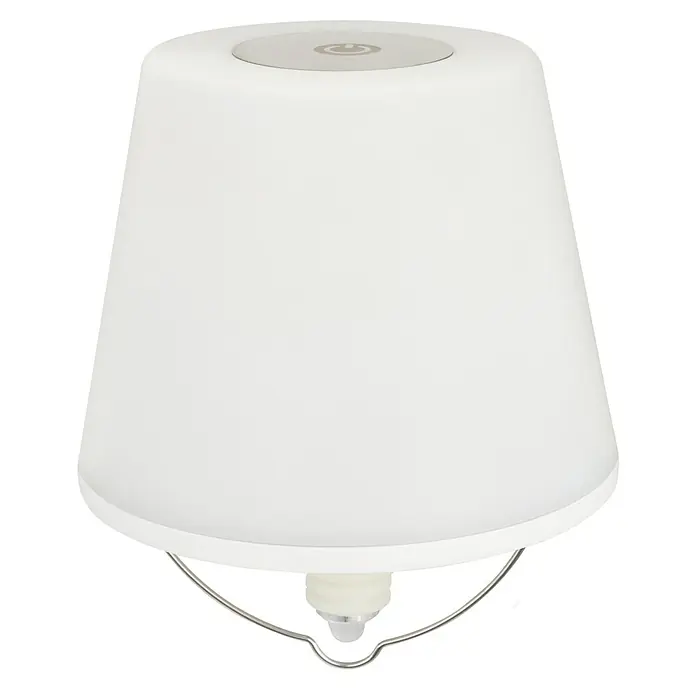 REV LED-Flaschenleuchte mit Akku Lamprusco - 2 W, Warmweiß, Ø x H: 11,5 x 13,8 cm, Weiß, Akkubetrieben - Nahaufnahme einer modernen, weißen Tischleuchte mit einem runden Schirm und einem silbernen Touch-Schalter auf der Oberseite für stilvolle Beleuchtung.