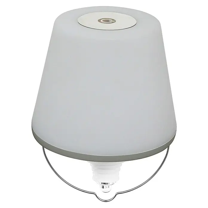 REV LED-Flaschenleuchte mit Akku Lamprusco - 2 W, RGBW, Ø x H: 11,5 x 13,8 cm, Weiß, Akkubetrieben - Nahaufnahme einer tragbaren, grauen Tischleuchte mit einem silbernen Detail oben und einem Griff unten.