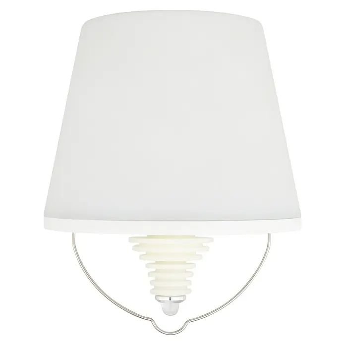 REV LED-Flaschenleuchte mit Akku Lamprusco - 2 W, Warmweiß, Ø x H: 11,5 x 13,8 cm, Weiß, Akkubetrieben - Eine Nahaufnahme einer weißen Lampe mit einem kegelförmigen Design und einem eleganten Metallrahmen.