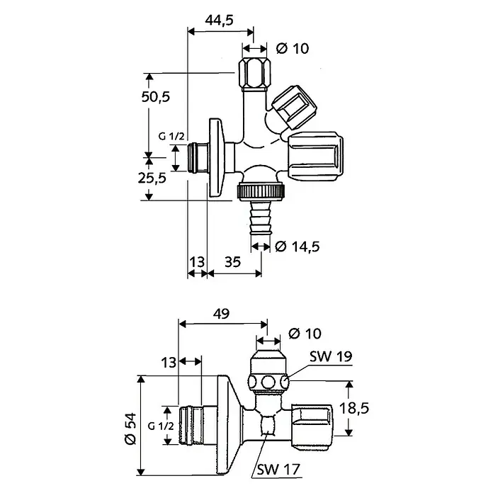 Schell Ventil-Set - 2 -tlg., ½″, Rückflussverhinderer - Schema des Hahnblocks mit Abmessungen, einschließlich Durchmesser und Gewindegrößen, für detaillierte Produktspezifikationen.