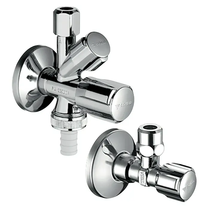 Schell Ventil-Set - 2 -tlg., ½″, Rückflussverhinderer - Zwei Eckventile aus Chrom, eines mit Doppelanschluss, für Sanitäranwendungen, bieten Funktionalität und modernes Design.