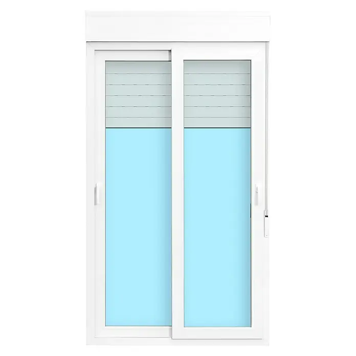 Solid Elements Balconera corredera de PVC - 120 x 220 cm, Blanco - Ventana corredera blanca con la persiana bajada hasta la mitad, ventana cubierta con papel de aluminio azul claro.