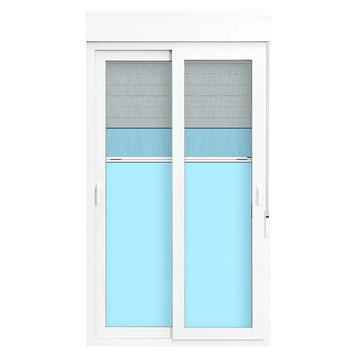 Solid Elements Balconera corredera de PVC - 120 x 220 cm, Blanco - Marco de ventana corredera blanco con vidrio de dos piezas, cubierto con persianas parcialmente abiertas para privacidad y control de luz.