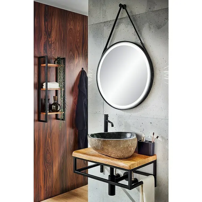 Astor Tree Base para lavabos - An x Pr x Al: 60,3 x 38 x 3,8 cm, Marrón - Un baño elegante con espejo redondo, lavabo de piedra natural y detalles de madera para un ambiente inspirado en la naturaleza.