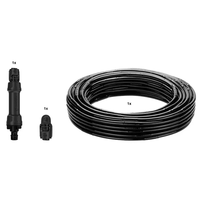 Gardena Micro-Drip Kit de iniciación para arbustos/setos - Longitud del tubo: 25 m, 1,6 l/h - Imagen del producto de un Gardena Micro-Drip-System Starter Set Macetas M. Contiene tubo de goteo, filtro y tapón final para riego.