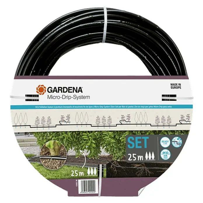 Gardena Micro-Drip Kit de iniciación para arbustos/setos - Longitud del tubo: 25 m, 1,6 l/h - Kit de inicio Gardena Micro-Drip-System para hileras con tubos de goteo y tapones finales para un riego óptimo.