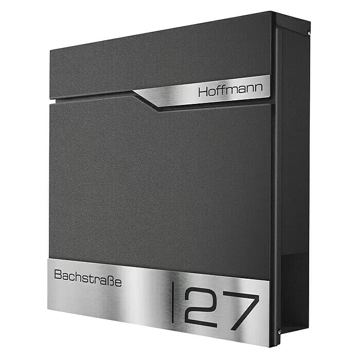 Metzler Wandbriefkasten Siebert - L x B x H: 10,5 x 37 x 37 cm, Eisenglimmer, Stahl, Zeitungsfach - Dunkelgrauer Briefkasten mit silbernen Akzenten, personalisiert mit "Hoffmann" und "Bachstraße 127".