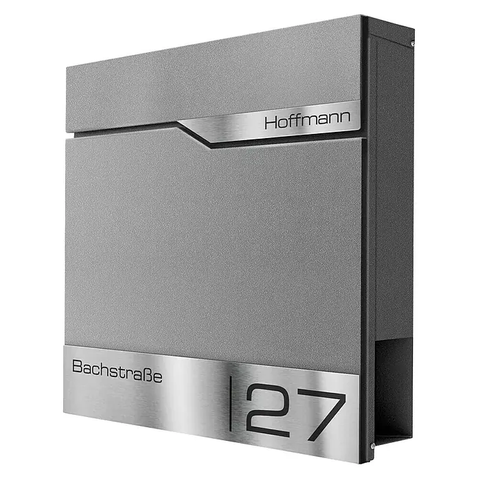 Metzler Wandbriefkasten Siebert - L x B x H: 10,5 x 37 x 37 cm, Grau-Aluminium, Stahl, Zeitungsfach - Eleganter Briefkasten in Grau mit Edelstahl-Akzenten, beschriftet mit "Hoffmann", "Bachstraße" und der Hausnummer 127.