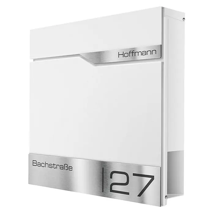 Metzler Wandbriefkasten Siebert - L x B x H: 10,5 x 37 x 37 cm, Verkehrsweiß, Stahl, Zeitungsfach - Ein moderner weißer Briefkasten mit silberfarbenen Akzenten, der mit dem Namen "Hoffmann" und der Adresse "Bachstraße 127" versehen ist.