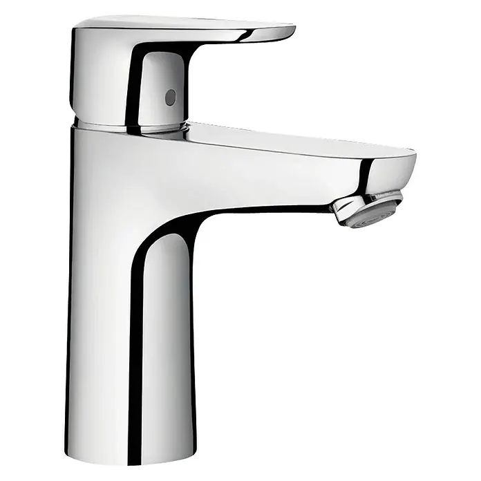 Hansgrohe Ecos Grifo de lavabo L - Cromo, Brillante - Primer plano de un grifo cromado brillante y moderno con líneas limpias y un diseño minimalista sobre un fondo neutro.