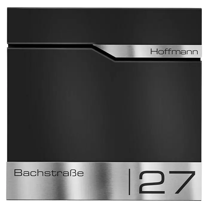Metzler Wandbriefkasten Siebert - L x B x H: 10,5 x 37 x 37 cm, Schwarz, Stahl, Zeitungsfach - Modern gestalteter Briefkasten mit dem Namen Hoffmann, der Bachstraße und Hausnummer 27 anzeigt.